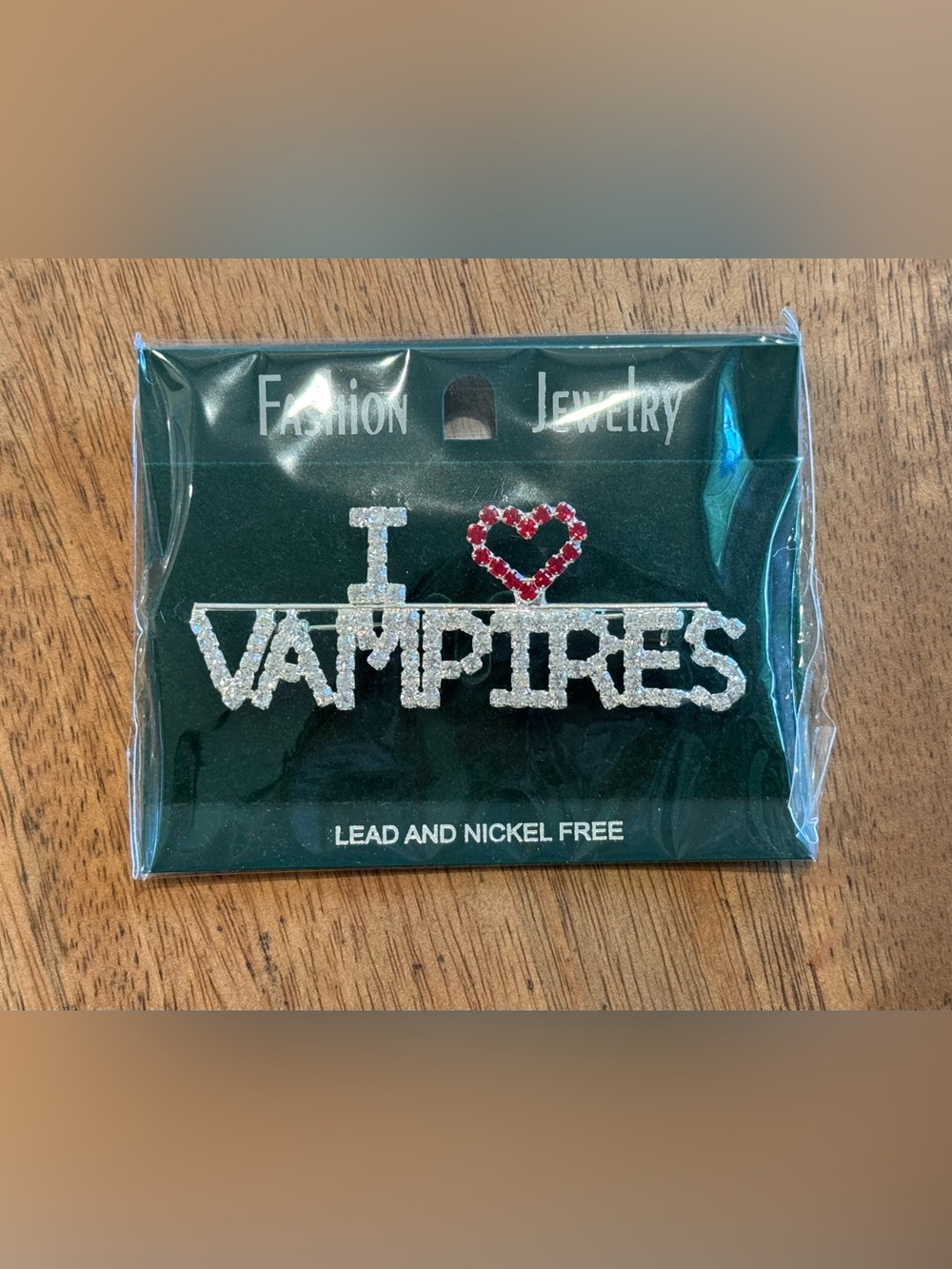 Fashion Jewelry I ❤️ Vampires Rhinestone Pin - Silver & Red
